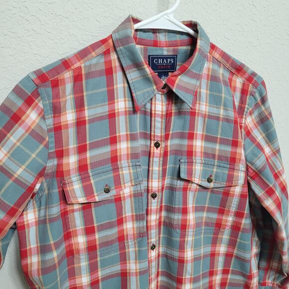 Chaps Plaid Button Up Shirt Womens L Red Blue Cotton Casual Western Fall Winter - Picture 9 of 12